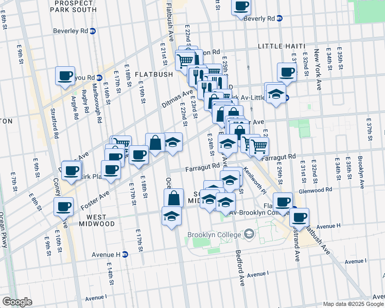 map of restaurants, bars, coffee shops, grocery stores, and more near 653 East 22nd Street in Brooklyn