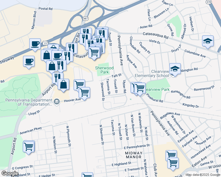 map of restaurants, bars, coffee shops, grocery stores, and more near 1826 Tacoma St in Allentown
