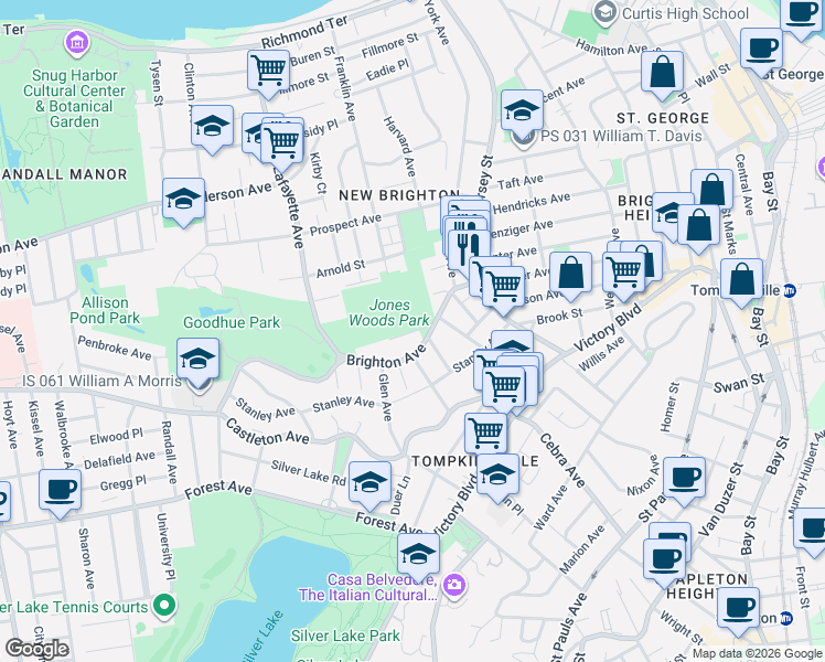 map of restaurants, bars, coffee shops, grocery stores, and more near 16 Butler Terrace in Staten Island