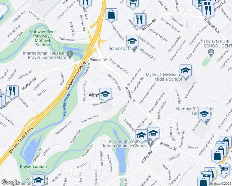 map of restaurants, bars, coffee shops, grocery stores, and more near 4B Gulfstream Avenue in Winfield