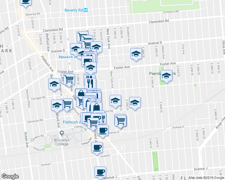 map of restaurants, bars, coffee shops, grocery stores, and more near 1500 New York Avenue in Brooklyn