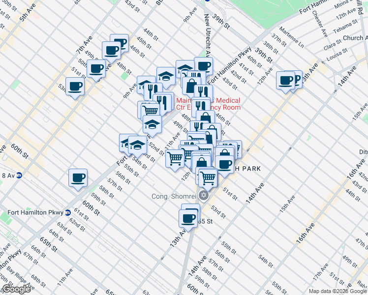map of restaurants, bars, coffee shops, grocery stores, and more near 1134 50th Street in Brooklyn