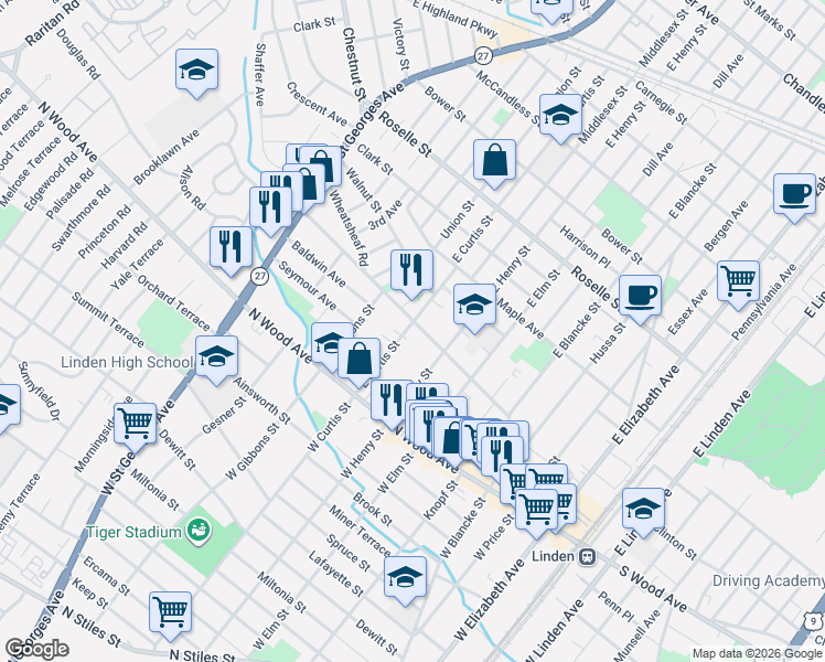 map of restaurants, bars, coffee shops, grocery stores, and more near 134 East Curtis Street in Linden