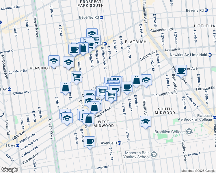 map of restaurants, bars, coffee shops, grocery stores, and more near 553 Marlborough Road in Brooklyn