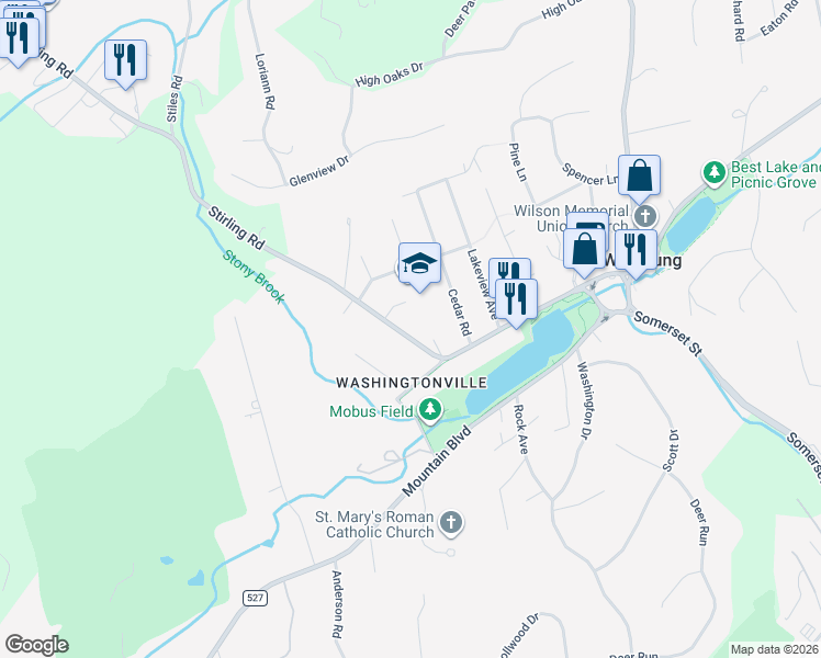 map of restaurants, bars, coffee shops, grocery stores, and more near 246 Stirling Road in Watchung