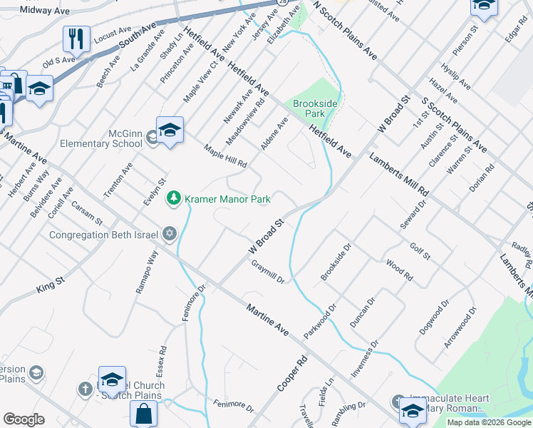map of restaurants, bars, coffee shops, grocery stores, and more near 1278 White Oak Rd in Scotch Plains