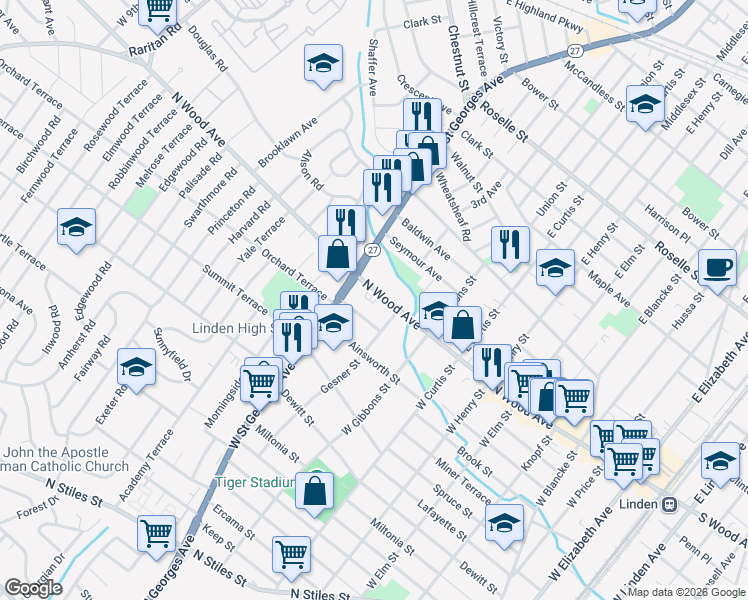 map of restaurants, bars, coffee shops, grocery stores, and more near 923 North Wood Avenue in Linden