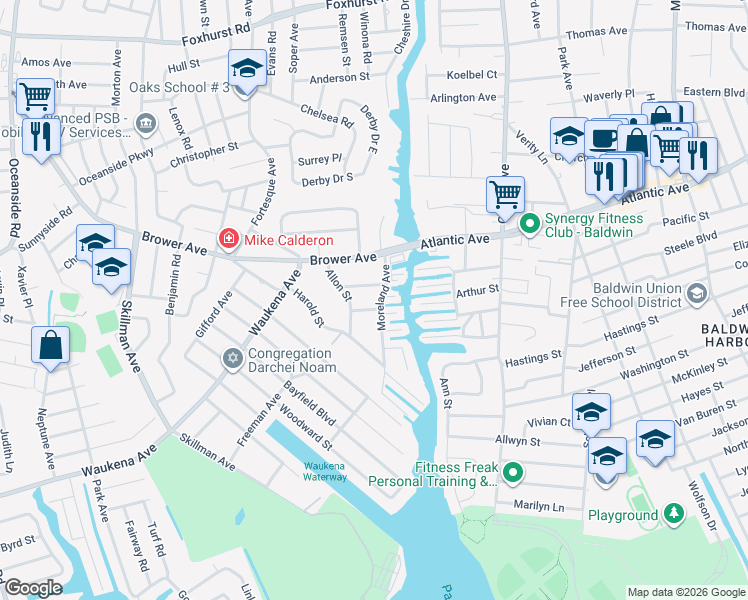 map of restaurants, bars, coffee shops, grocery stores, and more near 2950 Moreland Avenue in Oceanside