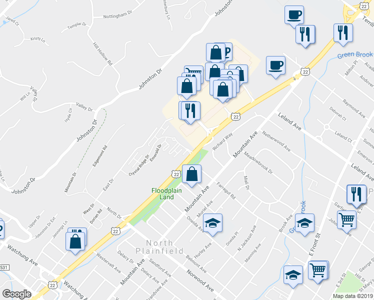 map of restaurants, bars, coffee shops, grocery stores, and more near Crystal Ridge Drive in Plainfield