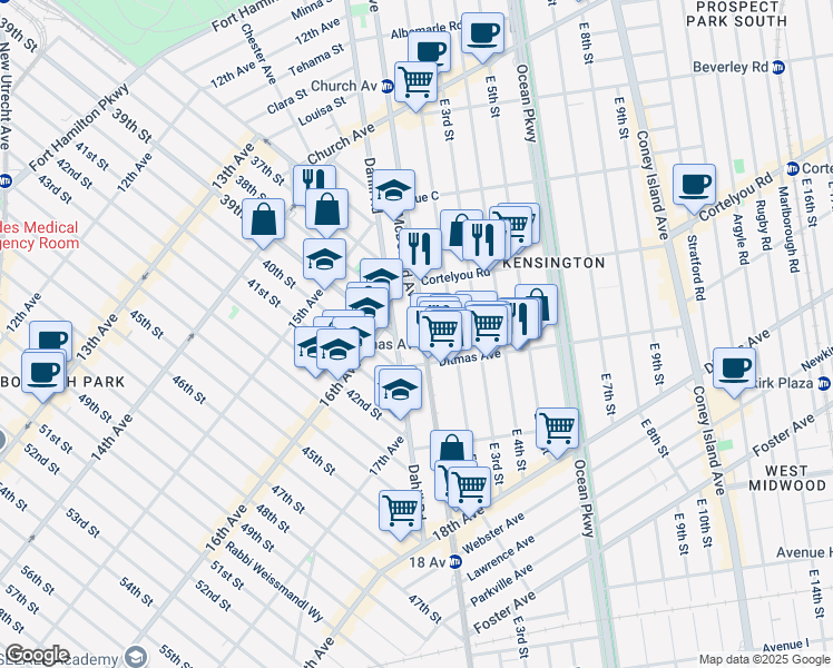 map of restaurants, bars, coffee shops, grocery stores, and more near 744 McDonald Avenue in Brooklyn