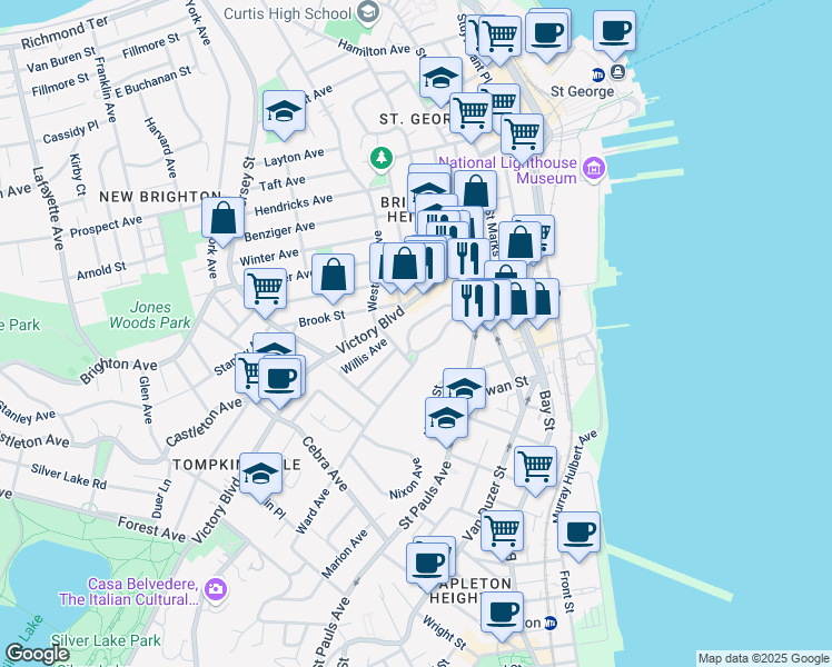 map of restaurants, bars, coffee shops, grocery stores, and more near 102 Tompkins Circle in Staten Island