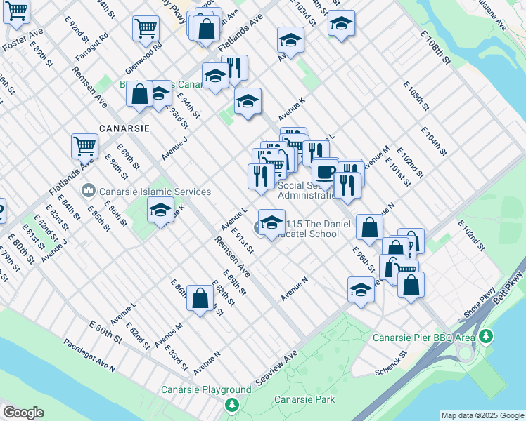map of restaurants, bars, coffee shops, grocery stores, and more near 1439 East 93rd Street in Brooklyn