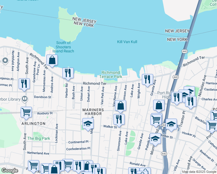 map of restaurants, bars, coffee shops, grocery stores, and more near 2802 Richmond Terrace in Staten Island