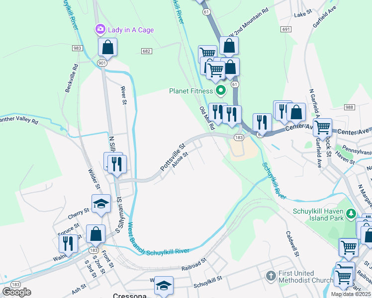 map of restaurants, bars, coffee shops, grocery stores, and more near 147 Pottsville Street in Cressona