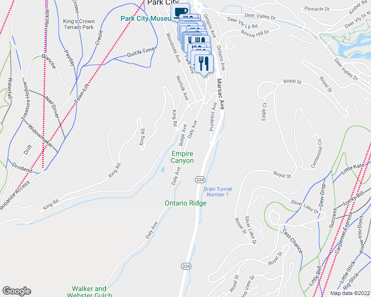 map of restaurants, bars, coffee shops, grocery stores, and more near 182 Daly Avenue in Park City