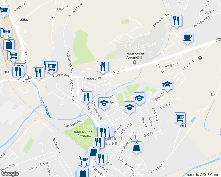 map of restaurants, bars, coffee shops, grocery stores, and more near 0 Pennsylvania Avenue in Schuylkill Haven