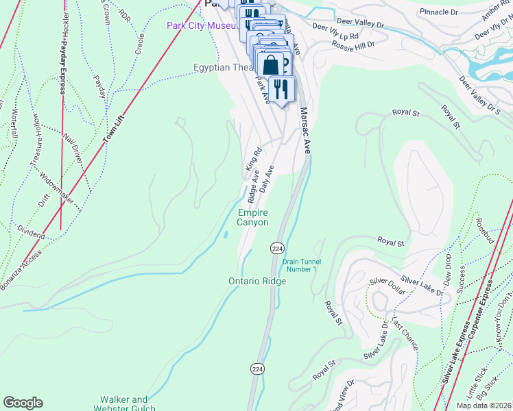map of restaurants, bars, coffee shops, grocery stores, and more near 182 Daly Avenue in Park City