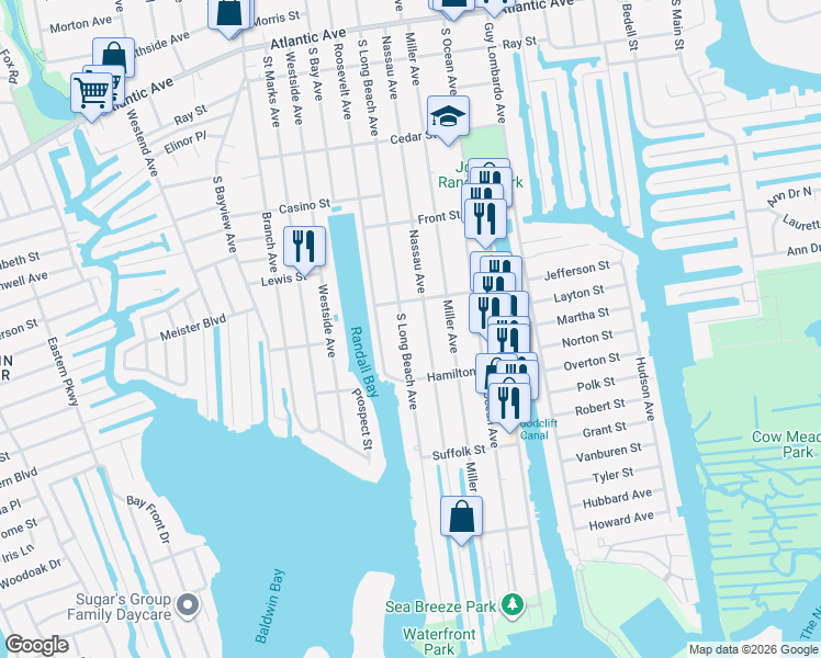 map of restaurants, bars, coffee shops, grocery stores, and more near 290 Nassau Avenue in Freeport