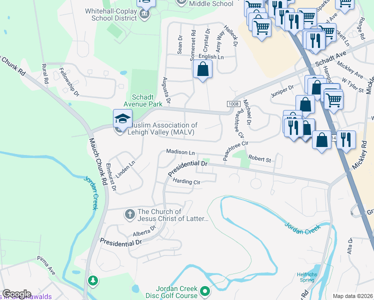 map of restaurants, bars, coffee shops, grocery stores, and more near 51 Madison Lane in Fullerton