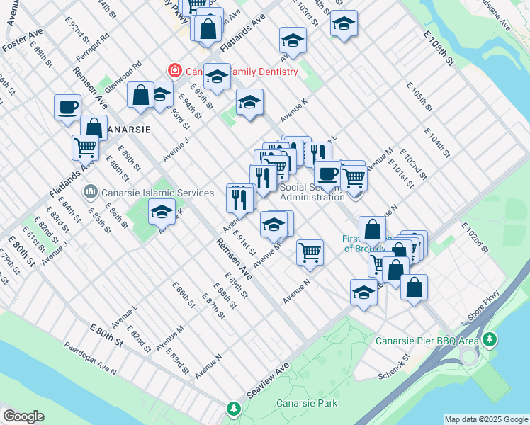 map of restaurants, bars, coffee shops, grocery stores, and more near 1439 East 93rd Street in Brooklyn