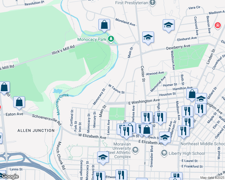 map of restaurants, bars, coffee shops, grocery stores, and more near 1725 Main Street in Bethlehem