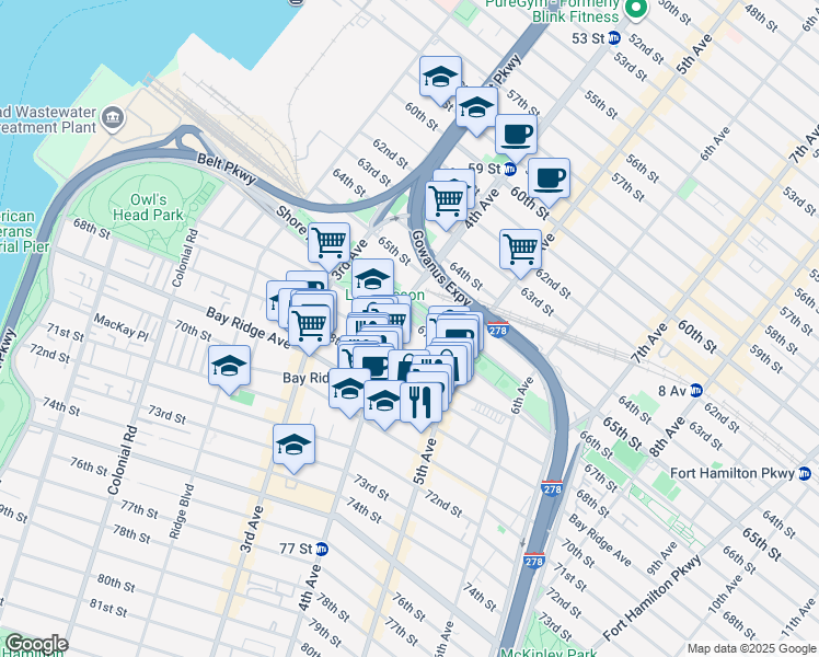 map of restaurants, bars, coffee shops, grocery stores, and more near 418 67th Street in Brooklyn