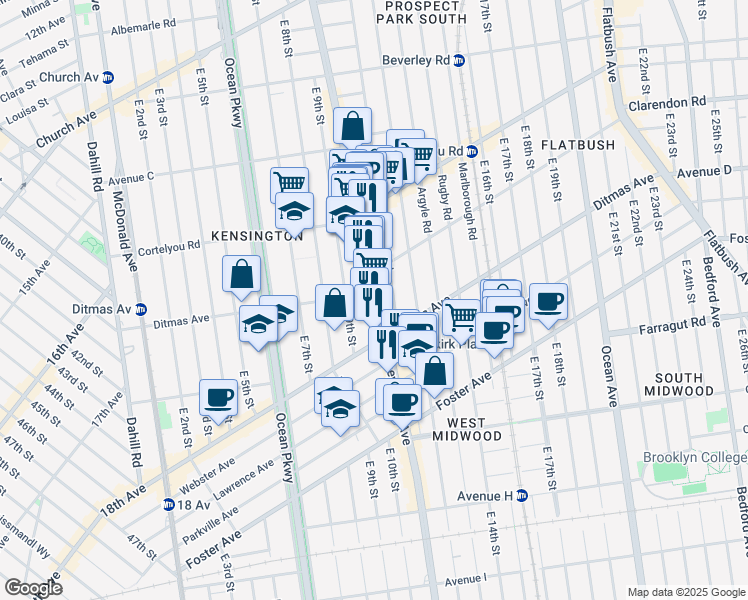 map of restaurants, bars, coffee shops, grocery stores, and more near 860 Coney Island Avenue in Brooklyn