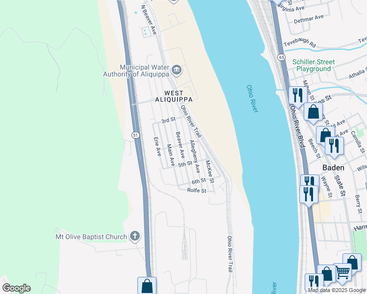 map of restaurants, bars, coffee shops, grocery stores, and more near 402 Beaver Avenue in Aliquippa