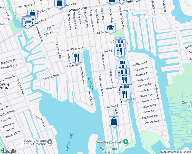 map of restaurants, bars, coffee shops, grocery stores, and more near 449 Roosevelt Avenue in Freeport