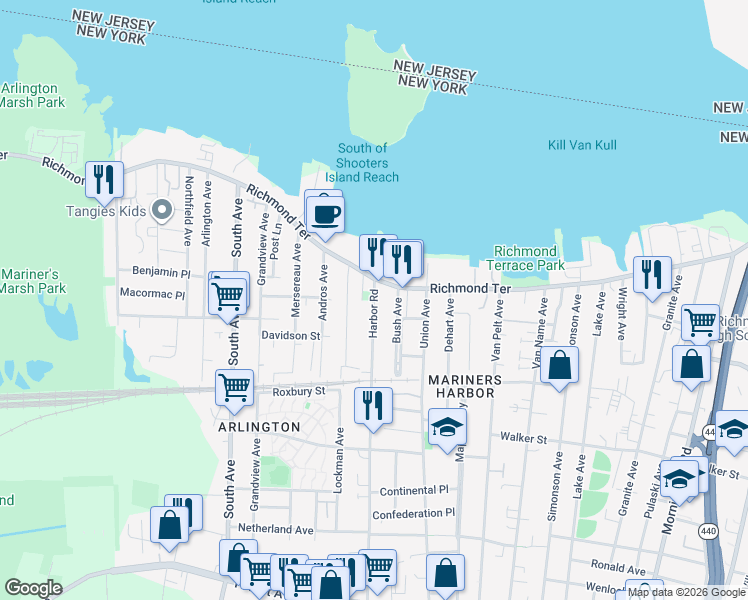 map of restaurants, bars, coffee shops, grocery stores, and more near 21 Harbor Road in Staten Island