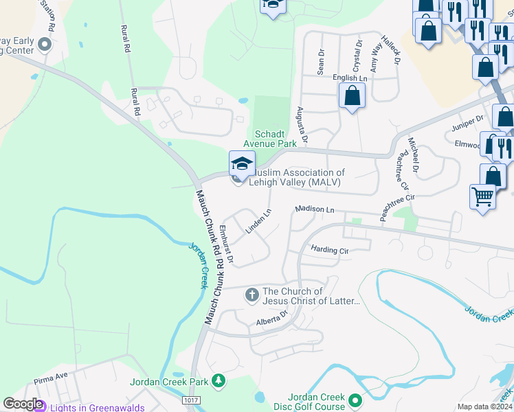 map of restaurants, bars, coffee shops, grocery stores, and more near 1803 Elmhurst Drive in Whitehall