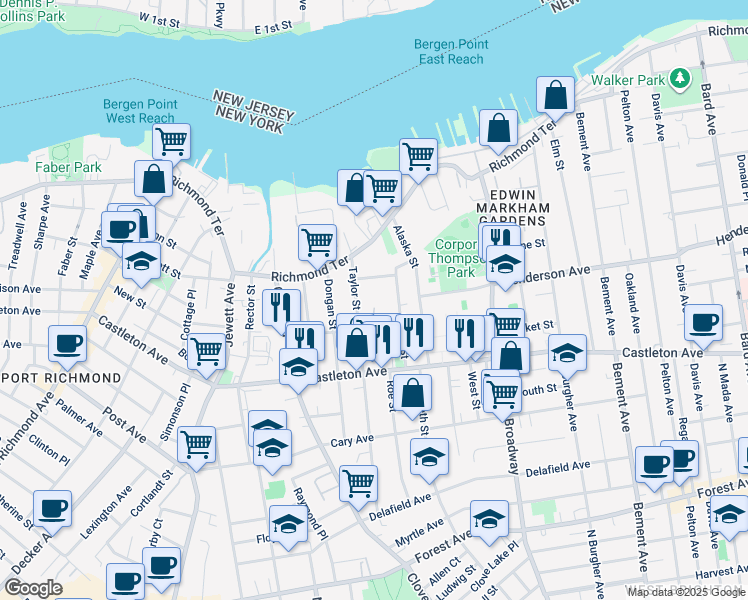 map of restaurants, bars, coffee shops, grocery stores, and more near 99 Taylor Street in Staten Island