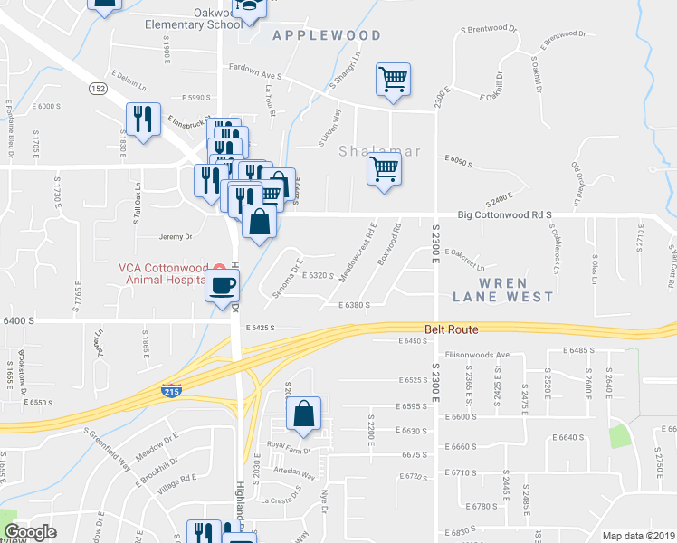map of restaurants, bars, coffee shops, grocery stores, and more near 6318 Meadowcrest Road East in Holladay