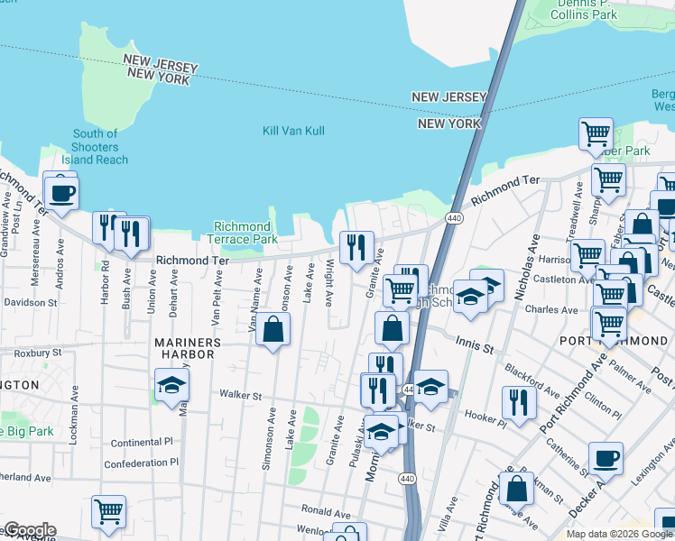 map of restaurants, bars, coffee shops, grocery stores, and more near 25 Wright Ave in Staten Island