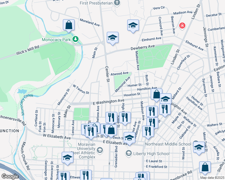 map of restaurants, bars, coffee shops, grocery stores, and more near 1718 Center St in Bethlehem