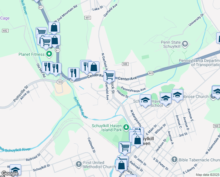 map of restaurants, bars, coffee shops, grocery stores, and more near 507 Dock St in Schuylkill Haven