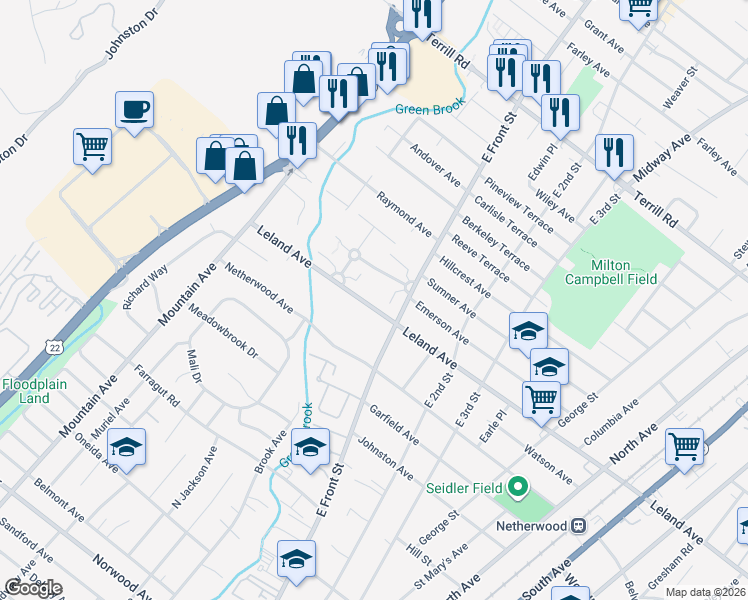 map of restaurants, bars, coffee shops, grocery stores, and more near 26 Leland Avenue in Plainfield