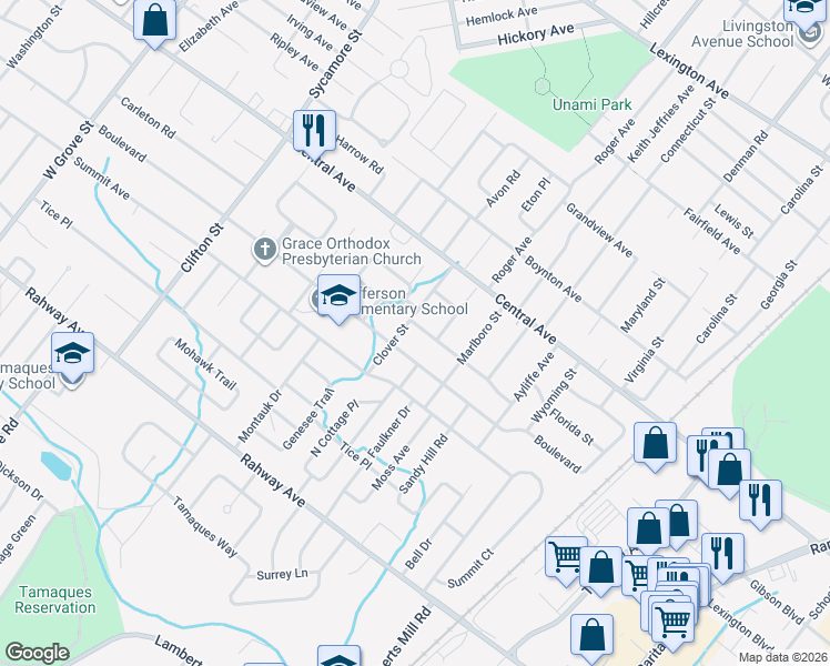 map of restaurants, bars, coffee shops, grocery stores, and more near 1306 Pinegrove Avenue in Westfield