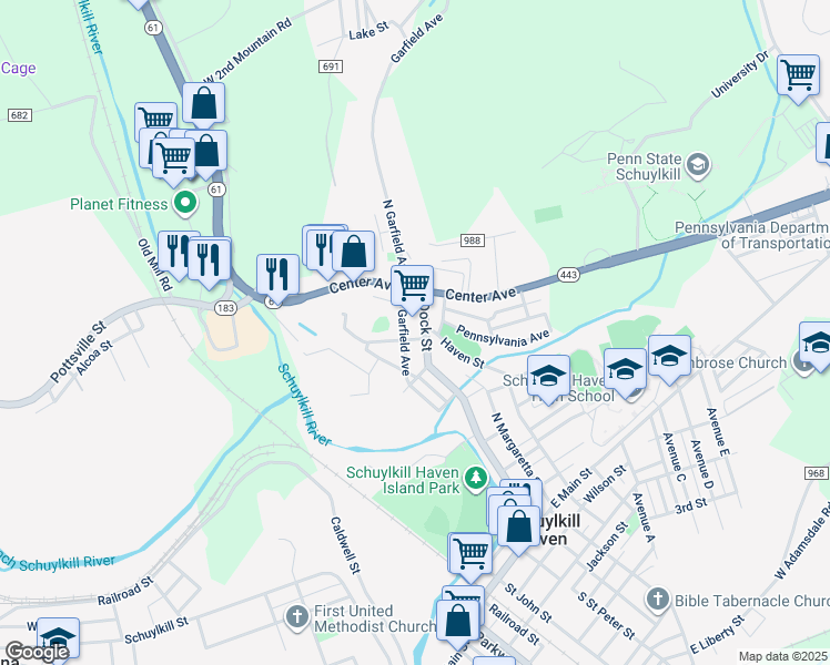 map of restaurants, bars, coffee shops, grocery stores, and more near 507 Dock St in Schuylkill Haven