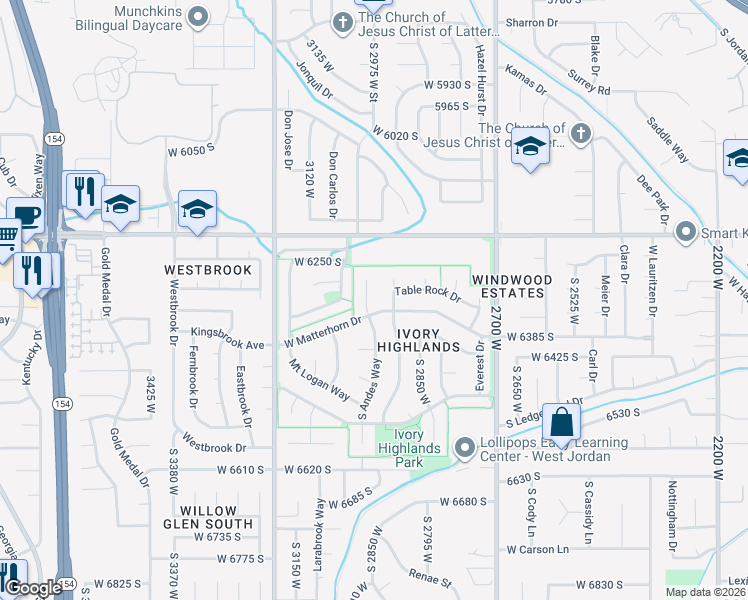 map of restaurants, bars, coffee shops, grocery stores, and more near 6313 Lake Fork Cir in West Jordan