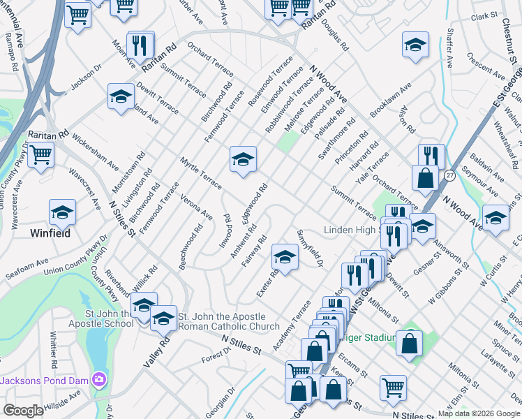 map of restaurants, bars, coffee shops, grocery stores, and more near 353 Edgewood Road in Linden