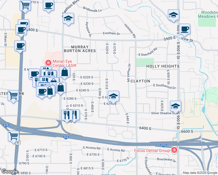 map of restaurants, bars, coffee shops, grocery stores, and more near 6251 South 515 East in Murray