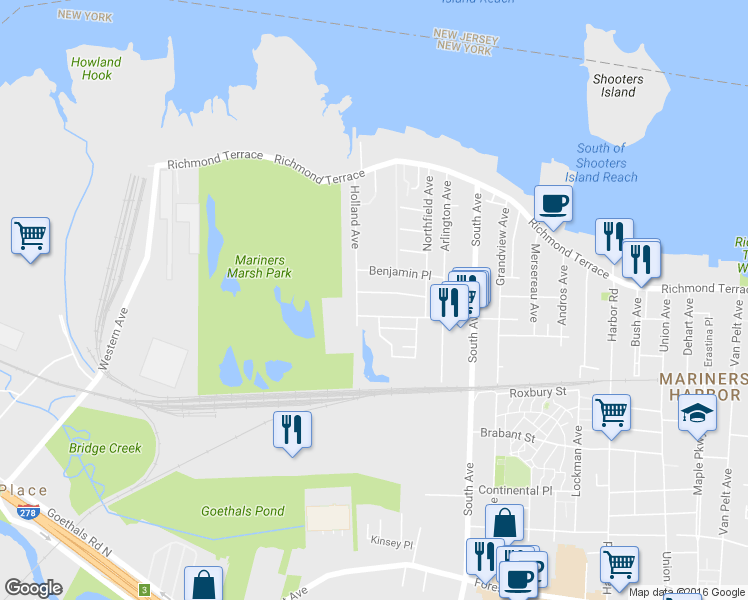 map of restaurants, bars, coffee shops, grocery stores, and more near 58 Macormac Place in Staten Island