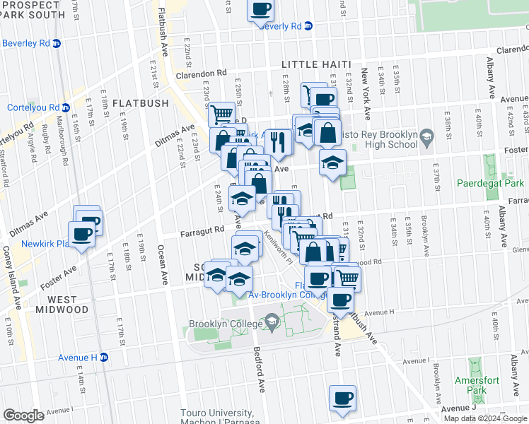 map of restaurants, bars, coffee shops, grocery stores, and more near 1388 Flatbush Avenue in Brooklyn