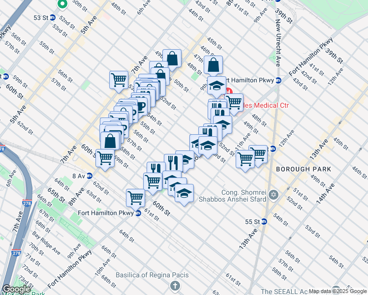 map of restaurants, bars, coffee shops, grocery stores, and more near 958 54th Street in Brooklyn