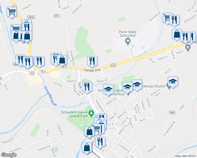 map of restaurants, bars, coffee shops, grocery stores, and more near 49 Stanton Street in Schuylkill Haven