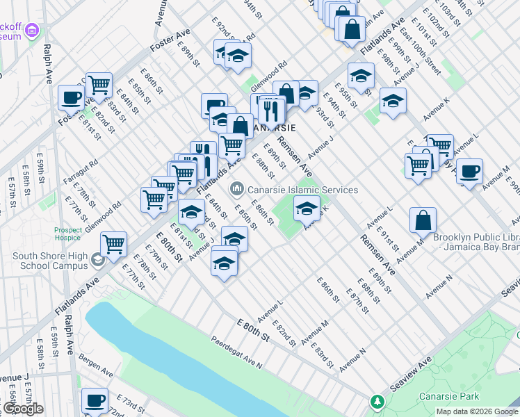 map of restaurants, bars, coffee shops, grocery stores, and more near 1011 East 86th Street in Brooklyn