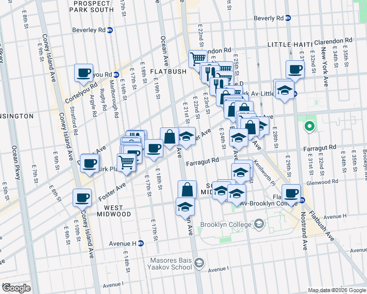 map of restaurants, bars, coffee shops, grocery stores, and more near 2010 Foster Avenue in Brooklyn