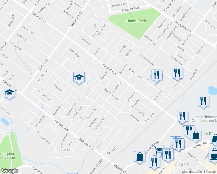 map of restaurants, bars, coffee shops, grocery stores, and more near 141 Belmar Terrace in Westfield