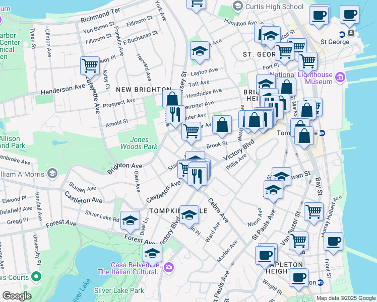 map of restaurants, bars, coffee shops, grocery stores, and more near 11 Stanley Avenue in Staten Island